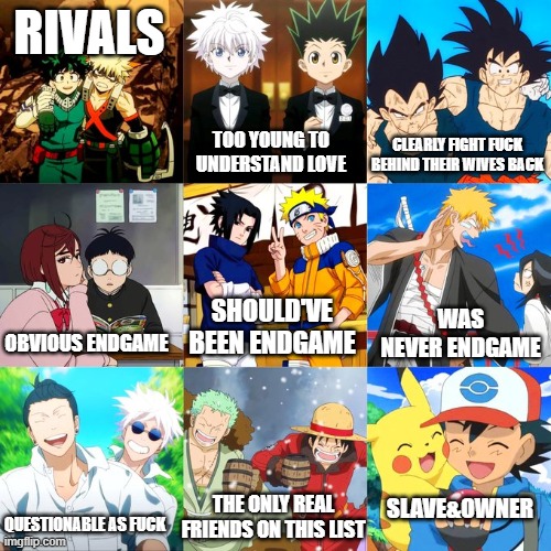 RIVALS; TOO YOUNG TO UNDERSTAND LOVE; CLEARLY FIGHT FUCK BEHIND THEIR WIVES BACK; SHOULD'VE BEEN ENDGAME; WAS NEVER ENDGAME; OBVIOUS ENDGAME; THE ONLY REAL FRIENDS ON THIS LIST; SLAVE&OWNER; QUESTIONABLE AS FUCK | made w/ Imgflip meme maker