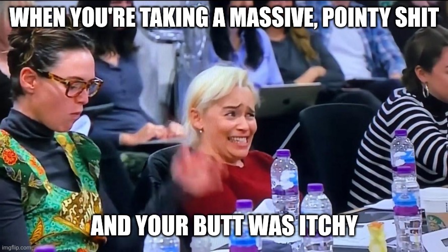 Emilia Clarke Cringe | WHEN YOU'RE TAKING A MASSIVE, POINTY SHIT; AND YOUR BUTT WAS ITCHY | image tagged in emilia clarke cringe | made w/ Imgflip meme maker