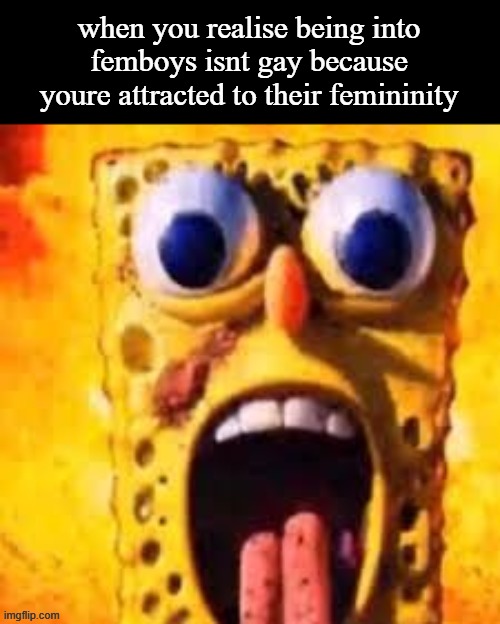 Image Title | when you realise being into femboys isnt gay because youre attracted to their femininity | image tagged in freakbob,femboy | made w/ Imgflip meme maker