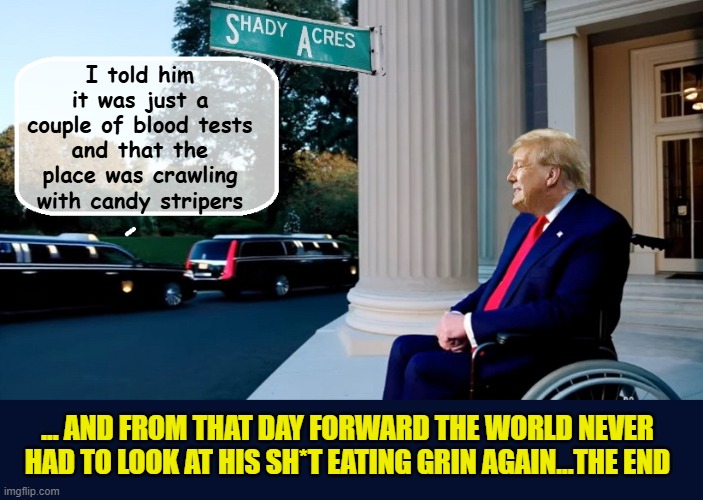 In a perfect world.... | I told him it was just a couple of blood tests and that the place was crawling with candy stripers; ... AND FROM THAT DAY FORWARD THE WORLD NEVER HAD TO LOOK AT HIS SH*T EATING GRIN AGAIN...THE END | image tagged in impeach trump,donald trump memes,government corruption,trump is a moron,scumbag republicans | made w/ Imgflip meme maker