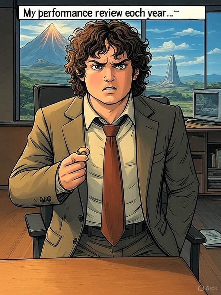 Frodo Performance Review by Grok Blank Meme Template