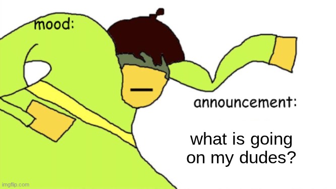 what did I  miss? | what is going on my dudes? | image tagged in kriss_kross announcement temp | made w/ Imgflip meme maker