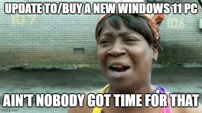 Windows 10 is coming to an end... | UPDATE TO/BUY A NEW WINDOWS 11 PC; AIN'T NOBODY GOT TIME FOR THAT | image tagged in memes,ain't nobody got time for that | made w/ Imgflip meme maker