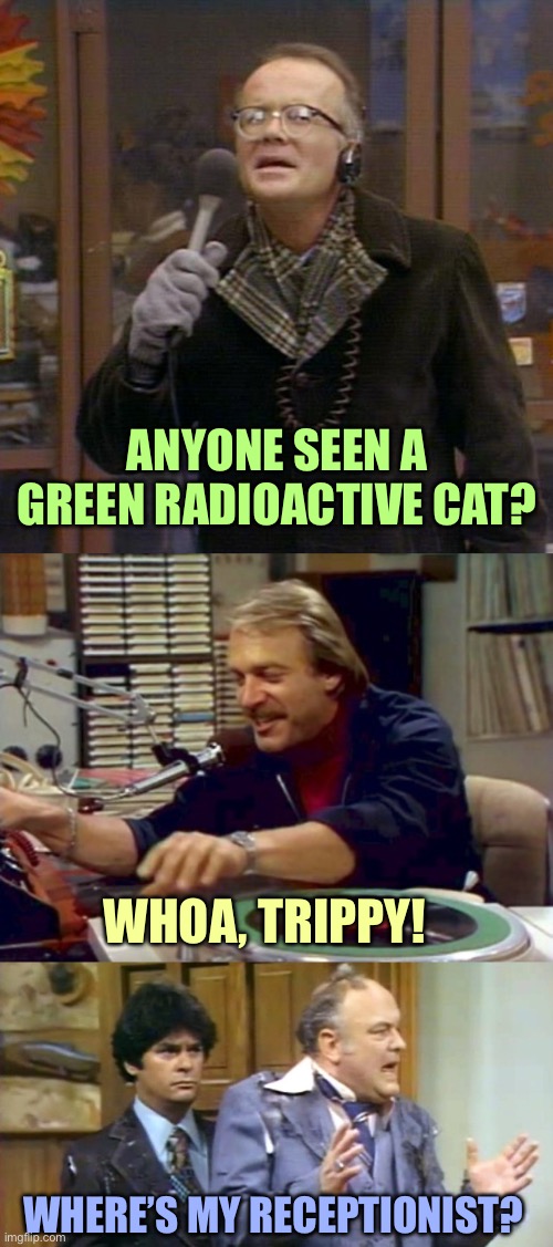 RIP Loni Anderson | ANYONE SEEN A GREEN RADIOACTIVE CAT? WHOA, TRIPPY! WHERE’S MY RECEPTIONIST? | image tagged in les nessman,doctor johnny fever,wkrp turkey,memes | made w/ Imgflip meme maker