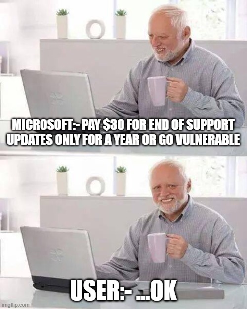 Windows 10, noooooooo | MICROSOFT:- PAY $30 FOR END OF SUPPORT UPDATES ONLY FOR A YEAR OR GO VULNERABLE; USER:- ...OK | image tagged in memes,hide the pain harold | made w/ Imgflip meme maker
