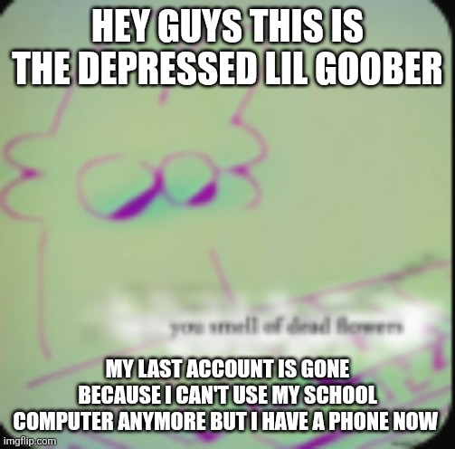 Depressed lil goober comeback | HEY GUYS THIS IS THE DEPRESSED LIL GOOBER; MY LAST ACCOUNT IS GONE BECAUSE I CAN'T USE MY SCHOOL COMPUTER ANYMORE BUT I HAVE A PHONE NOW | image tagged in alt ig | made w/ Imgflip meme maker