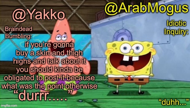Yakko and ArabMogus’s shared temp | if you’re gonna buy a skirt and thigh highs and talk about it you should kinda be obligated to post it because what was the point otherwise | image tagged in yakko and arabmogus s shared temp | made w/ Imgflip meme maker