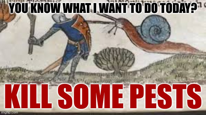 YOU KNOW WHAT I WANT TO DO TODAY? KILL SOME PESTS | image tagged in murder,snail | made w/ Imgflip meme maker
