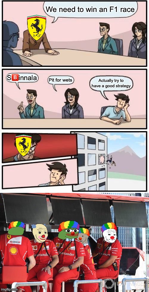 Casual Ferrari bottle | We need to win an F1 race; S🅱️innala; Pit for wets; Actually try to have a good strategy | image tagged in memes,boardroom meeting suggestion,ferrari,f1 | made w/ Imgflip meme maker