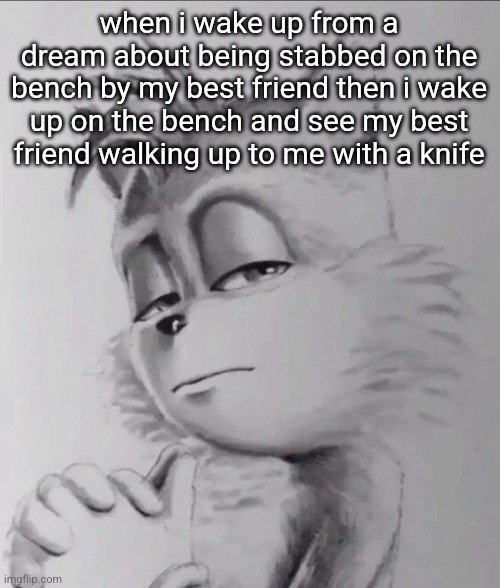 tails | when i wake up from a dream about being stabbed on the bench by my best friend then i wake up on the bench and see my best friend walking up to me with a knife | image tagged in tails | made w/ Imgflip meme maker