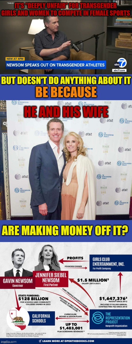 Is The Reason Gavin Newsom Makes Comments Like: | IT'S “DEEPLY UNFAIR” FOR TRANSGENDER GIRLS AND WOMEN TO COMPETE IN FEMALE SPORTS; BUT DOESN'T DO ANYTHING ABOUT IT; BE BECAUSE; HE AND HIS WIFE; ARE MAKING MONEY OFF IT? | image tagged in memes,politics,gavin,wife,make money,gender studies | made w/ Imgflip meme maker