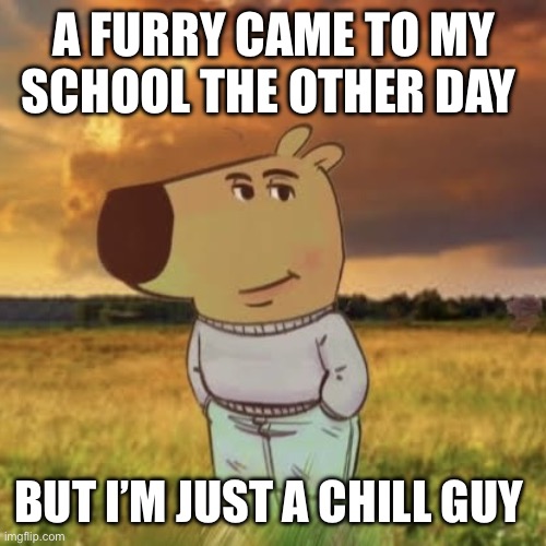 “Wait, there was a furry?” | A FURRY CAME TO MY SCHOOL THE OTHER DAY; BUT I’M JUST A CHILL GUY | image tagged in chill guy,furry,memes | made w/ Imgflip meme maker
