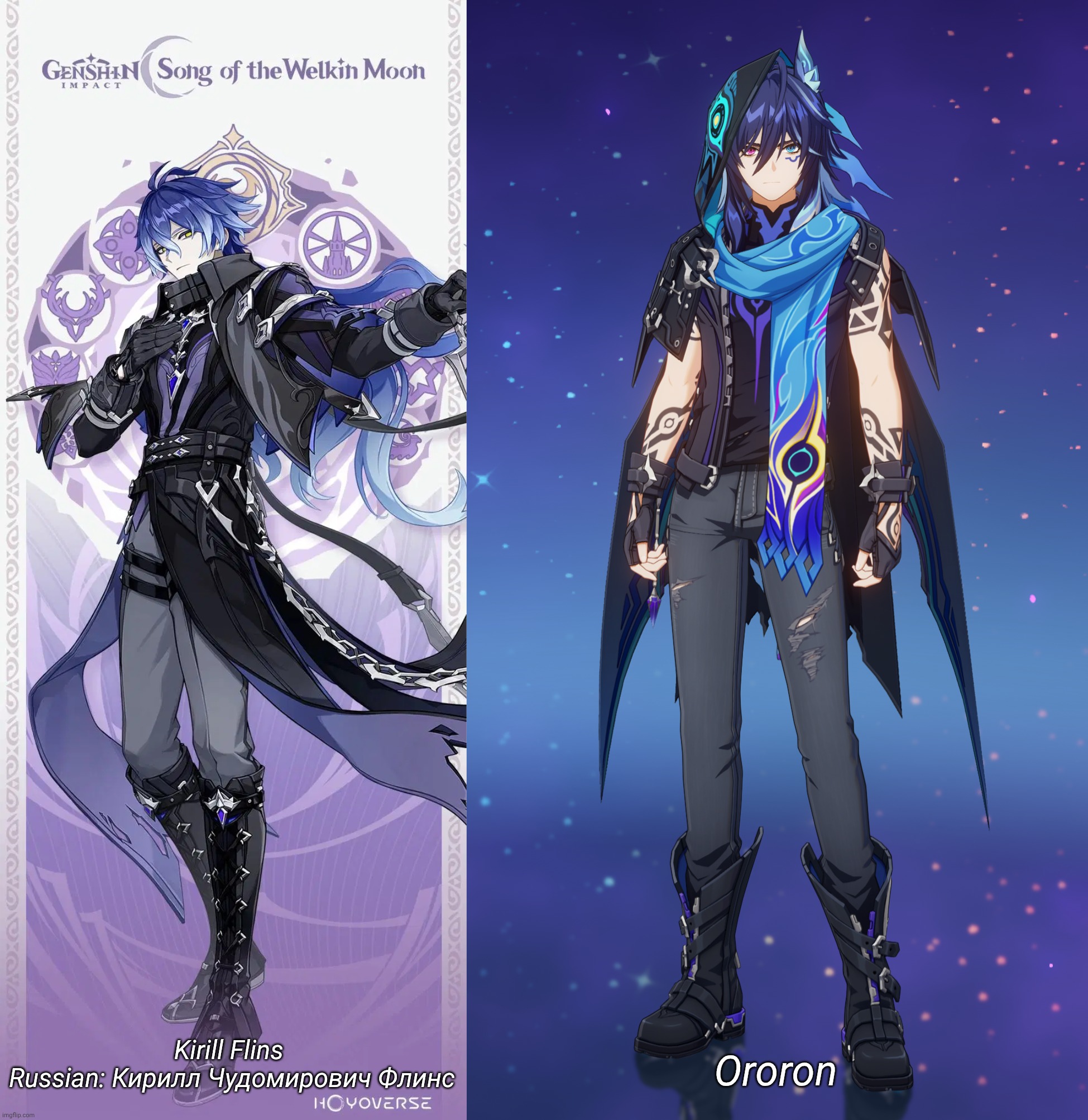 The New Guy: Kirill Flins Would Be My Favorite Guy Before Ororon? | Ororon; Kirill Flins 
Russian: Кирилл Чудомирович Флинс | image tagged in flins card,genshin impact,song of welkin moon | made w/ Imgflip meme maker