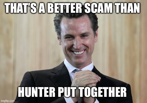 Scheming Gavin Newsom  | THAT’S A BETTER SCAM THAN HUNTER PUT TOGETHER | image tagged in scheming gavin newsom | made w/ Imgflip meme maker