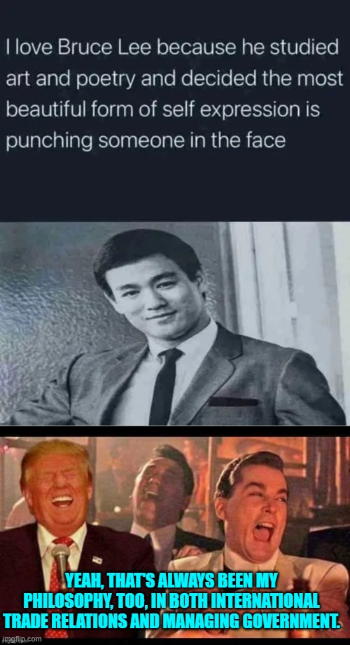 A real or metaphorical 'punch in the face' can be very enlightening for both parties. | YEAH, THAT'S ALWAYS BEEN MY PHILOSOPHY, TOO, IN BOTH INTERNATIONAL TRADE RELATIONS AND MANAGING GOVERNMENT. | image tagged in yep | made w/ Imgflip meme maker