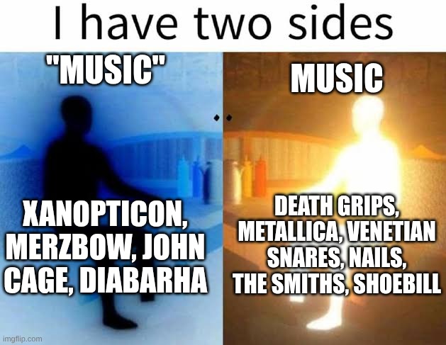 I have two sides | "MUSIC"; MUSIC; DEATH GRIPS, METALLICA, VENETIAN SNARES, NAILS, THE SMITHS, SHOEBILL; XANOPTICON, MERZBOW, JOHN CAGE, DIABARHA | image tagged in i have two sides | made w/ Imgflip meme maker