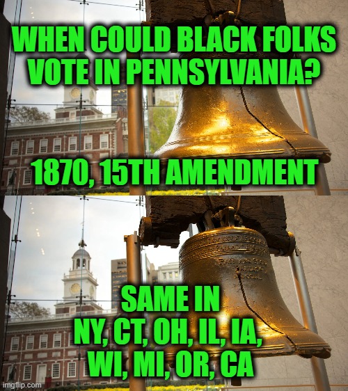 Blacks in most Union states could not vote until well after the Civil War | WHEN COULD BLACK FOLKS
VOTE IN PENNSYLVANIA? 1870, 15TH AMENDMENT; SAME IN
NY, CT, OH, IL, IA, 
WI, MI, OR, CA | made w/ Imgflip meme maker