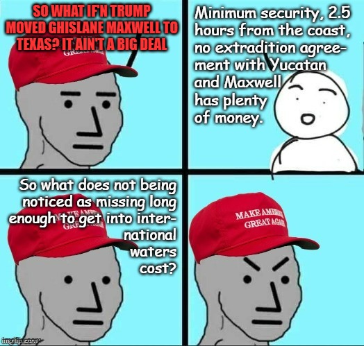 "Just sayin'..." *OR* "If Trump's not dirty, why's Maxwell getting special treatment?" | SO WHAT IF'N TRUMP MOVED GHISLANE MAXWELL TO TEXAS? IT AIN'T A BIG DEAL; Minimum security, 2.5
hours from the coast,
no extradition agree-
ment with Yucatan
and Maxwell
has plenty
of money. So what does not being
noticed as missing long
enough to get into inter-
national
waters
cost? | image tagged in frustrated maga npc,maxwell,trump unfit unqualified dangerous,pedophiles | made w/ Imgflip meme maker