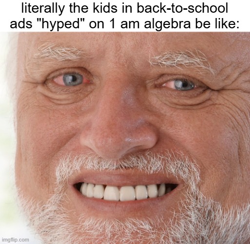 nobody's hyped on 7 am algebra school sales on JULY | literally the kids in back-to-school ads "hyped" on 1 am algebra be like: | image tagged in memes,hide the pain harold,funny,relatable,back to school,ads | made w/ Imgflip meme maker