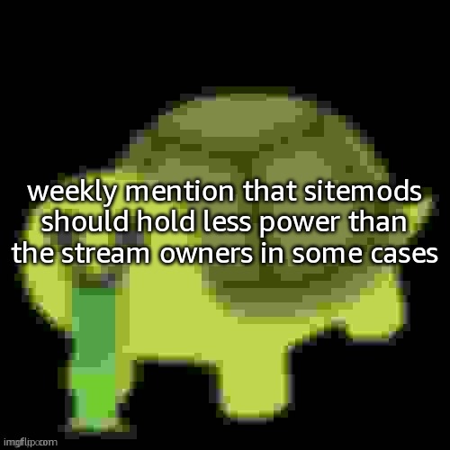 if this gets taken down you guys know what happened | weekly mention that sitemods should hold less power than the stream owners in some cases | image tagged in low quality barfing turtle | made w/ Imgflip meme maker
