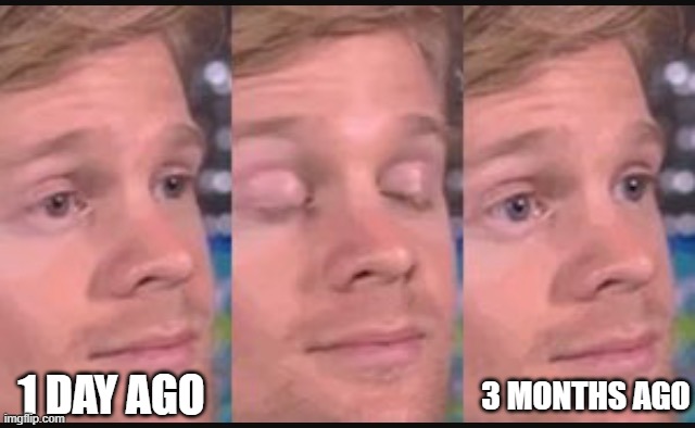 time flies | 3 MONTHS AGO; 1 DAY AGO | image tagged in blinking guy | made w/ Imgflip meme maker