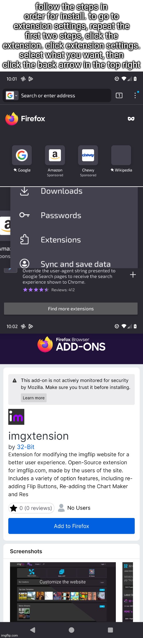 follow the steps in order for install. to go to extension settings, repeat the first two steps, click the extension. click extension settings. select what you want, then click the back arrow in the top right | made w/ Imgflip meme maker