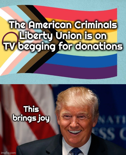 It's Working ! | The American Criminals Liberty Union is on
TV begging for donations; This brings joy | image tagged in laughing donald trump,aclu,cool crimes,crooked lawyers,milking the system | made w/ Imgflip meme maker