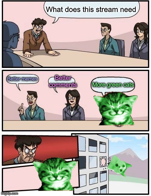 Boardroom Meeting Suggestion | What does this stream need; Better comments; Better memes; More green cats | image tagged in memes,boardroom meeting suggestion | made w/ Imgflip meme maker