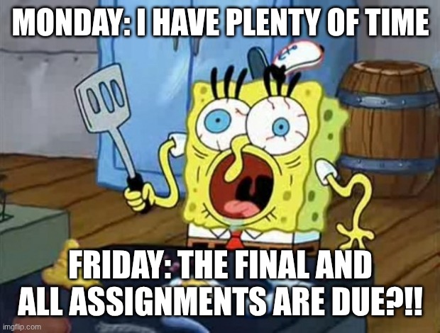 stressed out spongebob | MONDAY: I HAVE PLENTY OF TIME; FRIDAY: THE FINAL AND ALL ASSIGNMENTS ARE DUE?!! | image tagged in stressed out spongebob | made w/ Imgflip meme maker
