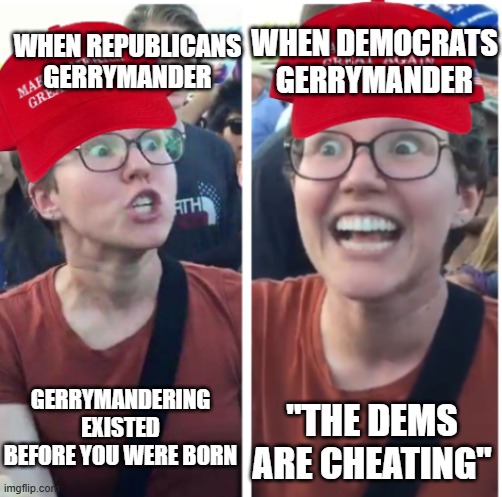 #stopfraudintexas | WHEN REPUBLICANS GERRYMANDER; WHEN DEMOCRATS GERRYMANDER; "THE DEMS ARE CHEATING"; GERRYMANDERING EXISTED BEFORE YOU WERE BORN | image tagged in maga hypocrisy | made w/ Imgflip meme maker