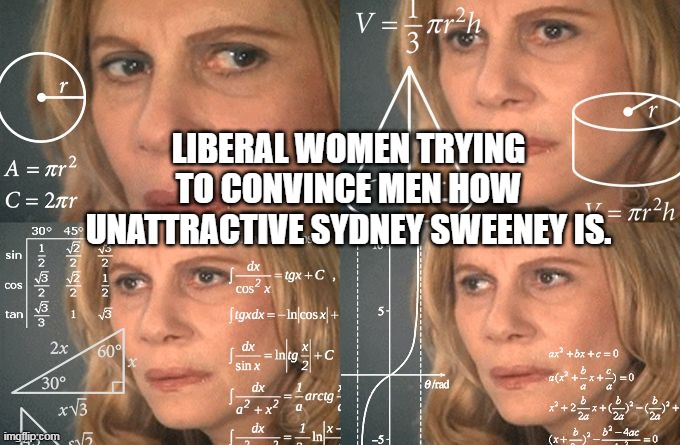 Calculating meme | LIBERAL WOMEN TRYING TO CONVINCE MEN HOW UNATTRACTIVE SYDNEY SWEENEY IS. | image tagged in calculating meme | made w/ Imgflip meme maker