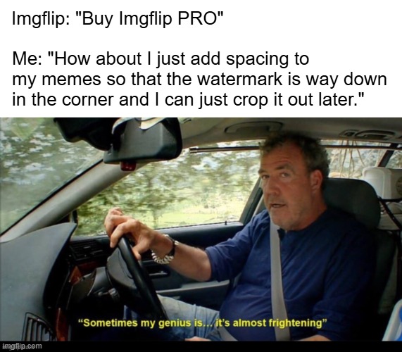 Meme smarter, not harder! | Imgflip: "Buy Imgflip PRO"; Me: "How about I just add spacing to my memes so that the watermark is way down in the corner and I can just crop it out later." | image tagged in imgflip,memez | made w/ Imgflip meme maker