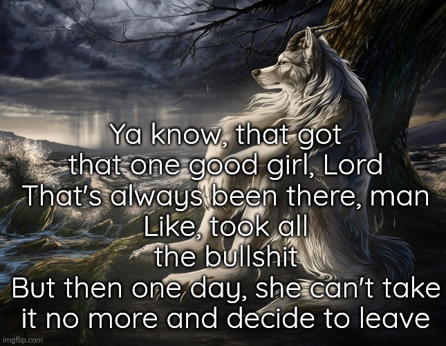 Akon once said.... | Ya know, that got that one good girl, Lord
That's always been there, man
Like, took all the bullshit
But then one day, she can't take it no more and decide to leave | image tagged in sitting wolf | made w/ Imgflip meme maker