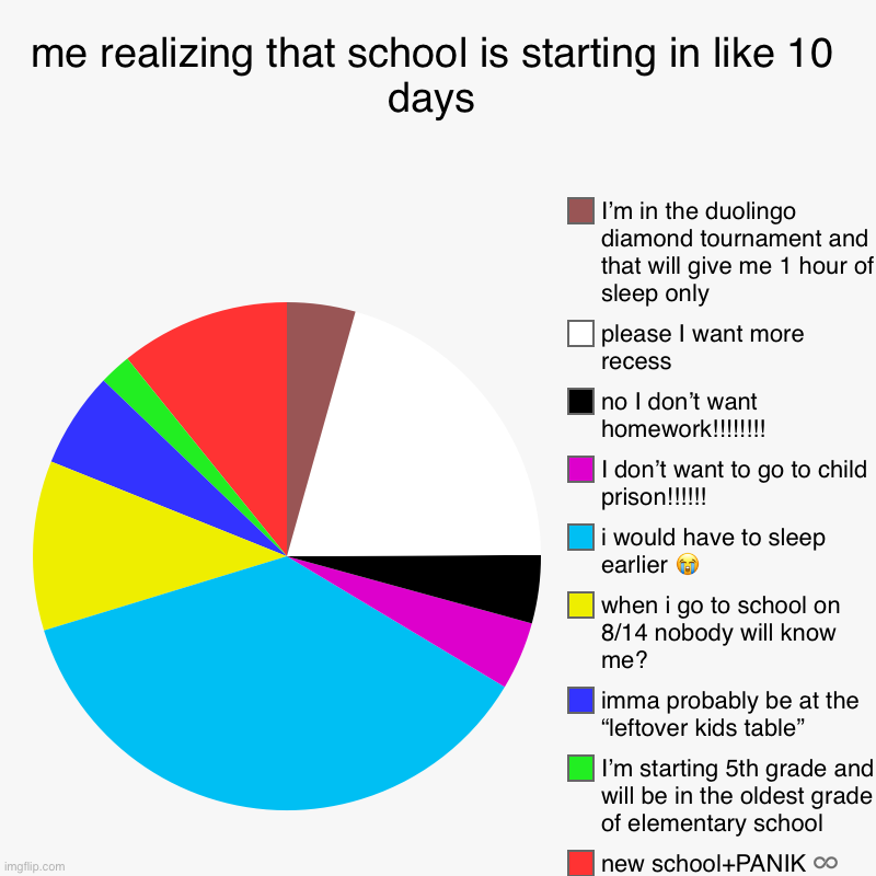 part 1 | me realizing that school is starting in like 10 days | new school+PANIK ♾️, I’m starting 5th grade and will be in the oldest grade of elemen | image tagged in charts,pie charts | made w/ Imgflip chart maker