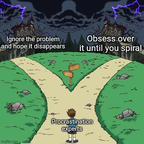 Two paths | Ignore the problem and hope it disappears; Obsess over it until you spiral; Procrastination experts | image tagged in two paths | made w/ Imgflip meme maker