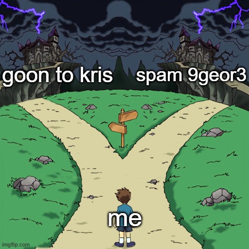 Two paths | goon to kris; spam 9geor3; me | image tagged in two paths | made w/ Imgflip meme maker