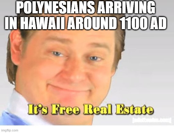 Going to Hawaii | POLYNESIANS ARRIVING IN HAWAII AROUND 1100 AD | image tagged in it's free real estate | made w/ Imgflip meme maker