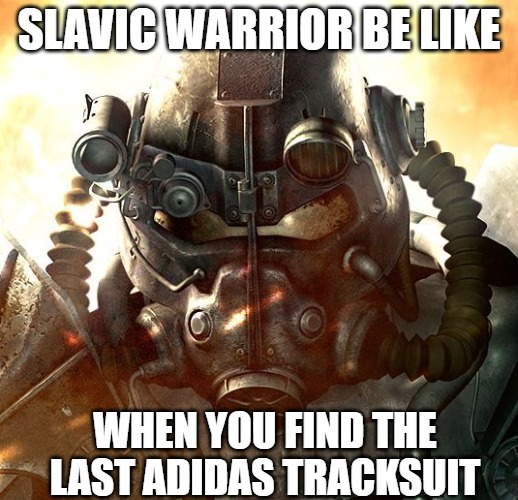 Brotherhood of Steel | SLAVIC WARRIOR BE LIKE; WHEN YOU FIND THE LAST ADIDAS TRACKSUIT | image tagged in brotherhood of steel,slavic lives matter,slavic warrior | made w/ Imgflip meme maker