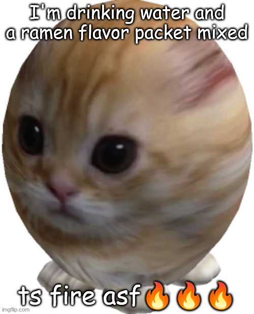 egg gatito | I'm drinking water and a ramen flavor packet mixed; ts fire asf🔥🔥🔥 | image tagged in egg gatito | made w/ Imgflip meme maker