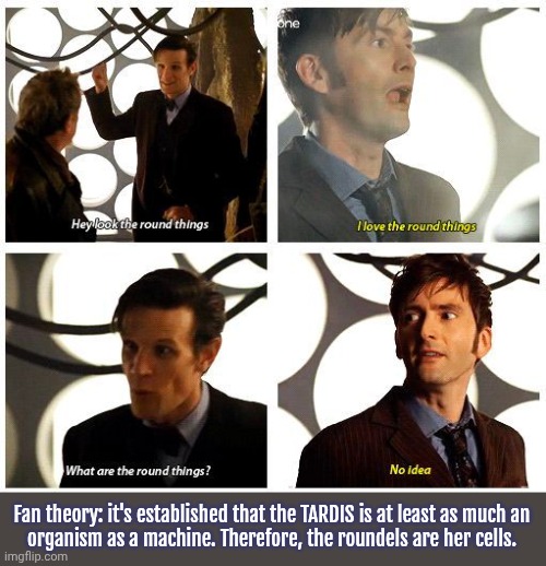 I've understood this since childhood. | Fan theory: it's established that the TARDIS is at least as much an
organism as a machine. Therefore, the roundels are her cells. | image tagged in round things,doctor who,lore,sci fi | made w/ Imgflip meme maker