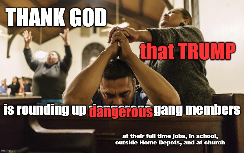 Thank God for Trump & ICE | THANK GOD; that TRUMP; is rounding up dangerous gang members; dangerous; at their full time jobs, in school,
outside Home Depots, and at church | image tagged in trump,illegal immigration,immigration,ice,church,christians christianity | made w/ Imgflip meme maker