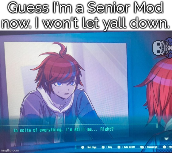 Title :) | Guess I'm a Senior Mod now. I won't let yall down. | image tagged in hundred line despite everything it's still me | made w/ Imgflip meme maker