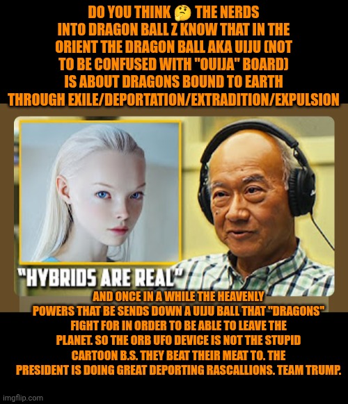 Funny | DO YOU THINK 🤔 THE NERDS INTO DRAGON BALL Z KNOW THAT IN THE ORIENT THE DRAGON BALL AKA UIJU (NOT TO BE CONFUSED WITH "OUIJA" BOARD) IS ABOUT DRAGONS BOUND TO EARTH THROUGH EXILE/DEPORTATION/EXTRADITION/EXPULSION; AND ONCE IN A WHILE THE HEAVENLY POWERS THAT BE SENDS DOWN A UIJU BALL THAT "DRAGONS" FIGHT FOR IN ORDER TO BE ABLE TO LEAVE THE PLANET. SO THE ORB UFO DEVICE IS NOT THE STUPID CARTOON B.S. THEY BEAT THEIR MEAT TO. THE PRESIDENT IS DOING GREAT DEPORTING RASCALLIONS. TEAM TRUMP. | image tagged in funny,dragon ball z,aliens,ufo,president trump,illegal aliens | made w/ Imgflip meme maker