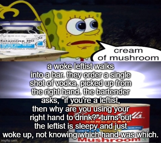 cream of mushroom | a woke leftist walks into a bar. they order a single shot of vodka, picked up from the right hand. the bartender asks, "if you're a leftist, then why are you using your right hand to drink?" turns out the leftist is sleepy and just woke up, not knowing which hand was which. | image tagged in cream of mushroom | made w/ Imgflip meme maker