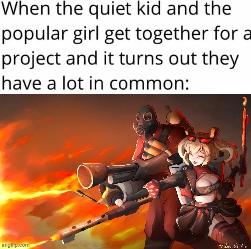 TF2 x ZZZ | image tagged in team fortress 2,burnice,pyro,quiet kid,popular girl | made w/ Imgflip meme maker