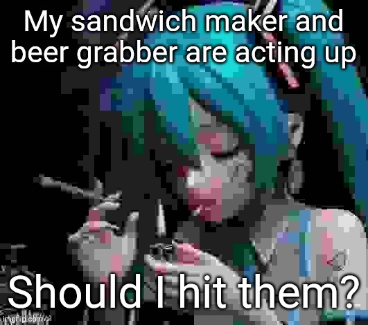 Miku smoking low quality | My sandwich maker and beer grabber are acting up; Should I hit them? | image tagged in miku smoking low quality | made w/ Imgflip meme maker