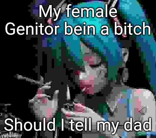 Miku smoking low quality | My female Genitor bein a bitch; Should I tell my dad | image tagged in miku smoking low quality | made w/ Imgflip meme maker