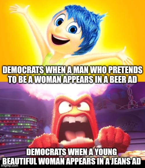 Democrats are angry a biological woman appeared in an ad? Hmm.... patriarchy much liberals? | DEMOCRATS WHEN A MAN WHO PRETENDS TO BE A WOMAN APPEARS IN A BEER AD; DEMOCRATS WHEN A YOUNG BEAUTIFUL WOMAN APPEARS IN A JEANS AD | image tagged in liberal logic,liberal hypocrisy,stupid people,patriarchy,crying democrats,women | made w/ Imgflip meme maker