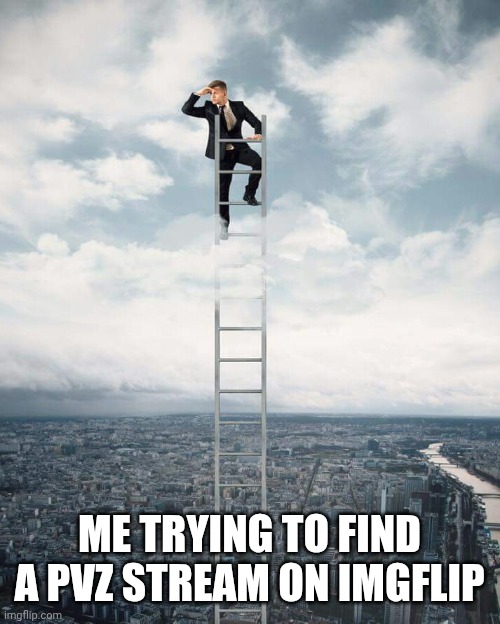 Man on really tall ladder | ME TRYING TO FIND A PVZ STREAM ON IMGFLIP | image tagged in man on really tall ladder | made w/ Imgflip meme maker