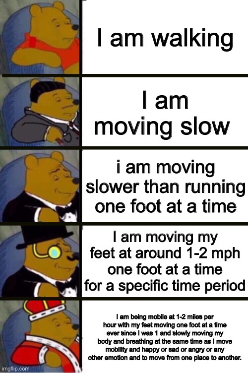 Winnie the Pooh 5 Panel | I am walking; I am moving slow; i am moving slower than running one foot at a time; I am moving my feet at around 1-2 mph one foot at a time for a specific time period; I am being mobile at 1-2 miles per hour with my feet moving one foot at a time ever since I was 1 and slowly moving my body and breathing at the same time as I move mobility and happy or sad or angry or any other emotion and to move from one place to another. | image tagged in winnie the pooh 5 panel | made w/ Imgflip meme maker